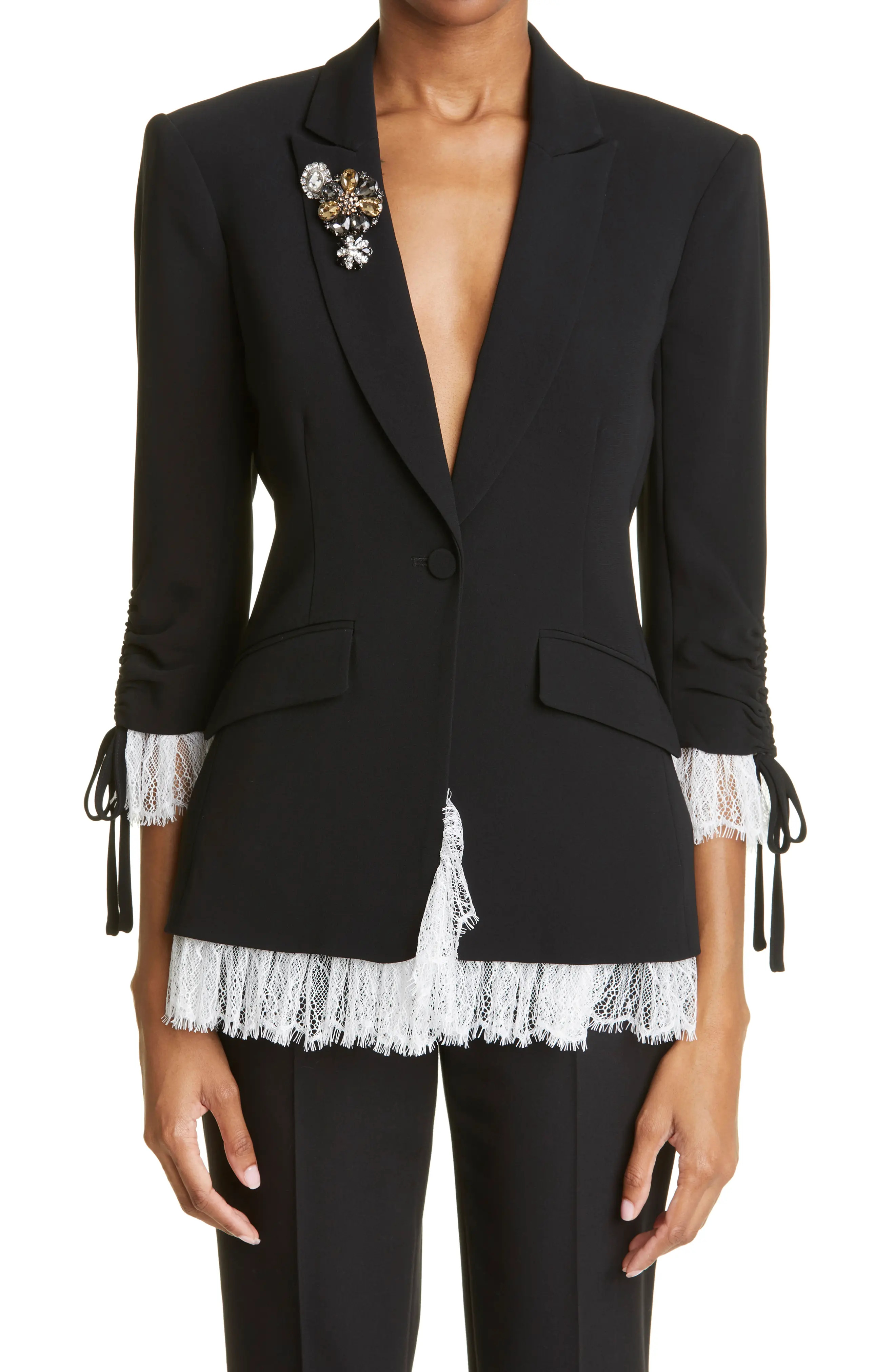 Cinq à Sept Roxie Lace Trim Blazer in Black/Ivory at Nordstrom, Size 8 | Nordstrom