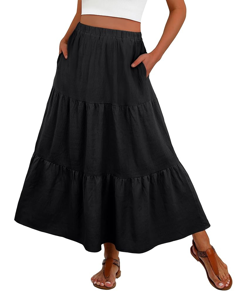 PrinStory Summer Maxi Skirt for Women Boho Lightweight Flowy Tiered Long Beach Skirts with Pocket... | Amazon (CA)