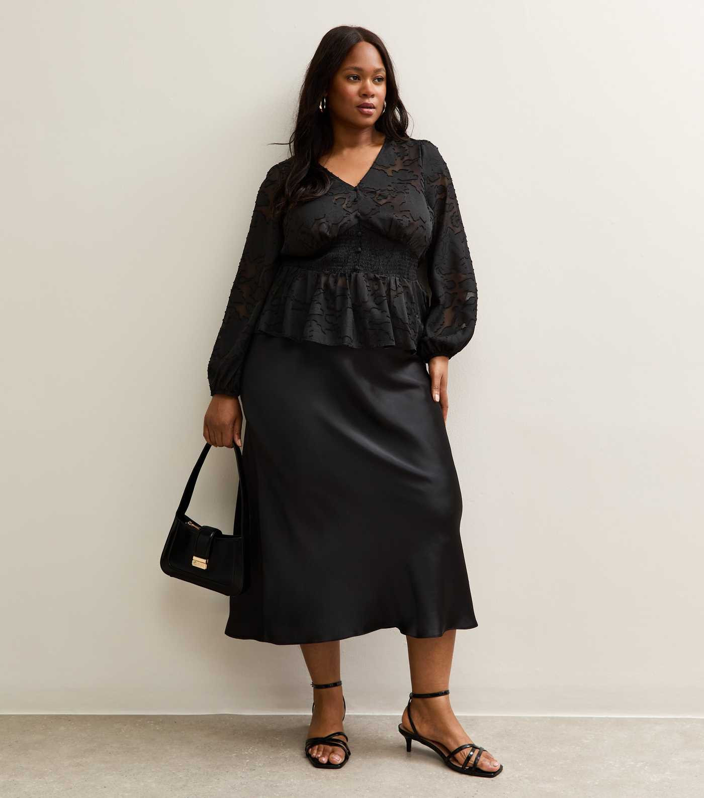 Curves Black Satin Bias Cut Midi Skirt | New Look | New Look (UK)