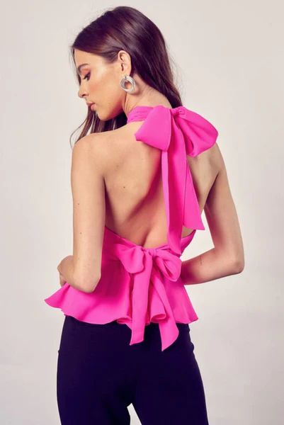 Charlene Hot Pink Double Bow Back Halter | Pippa & Pearl