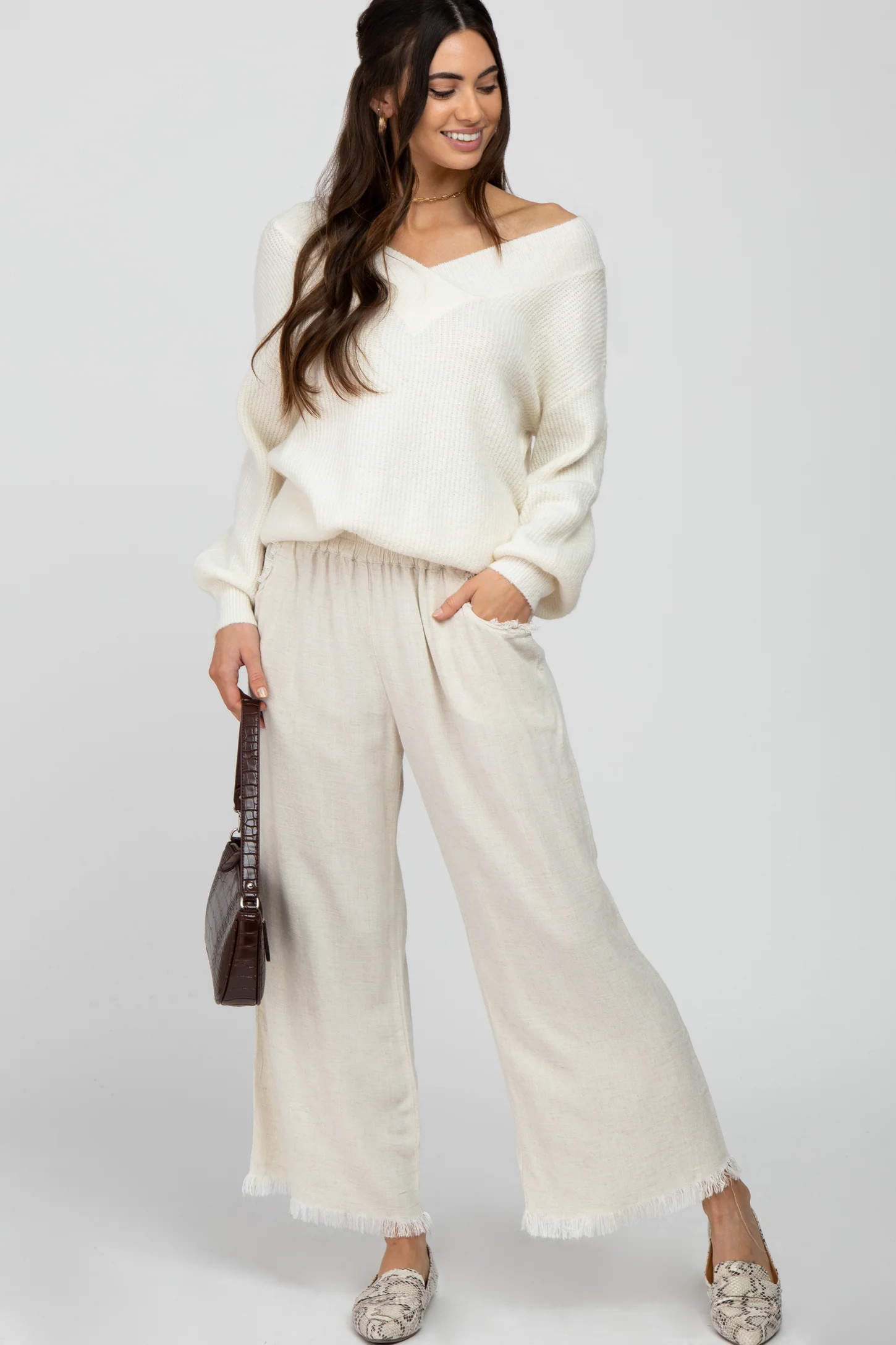 Cream Linen Frayed Hem Crop Pants | PinkBlush Maternity