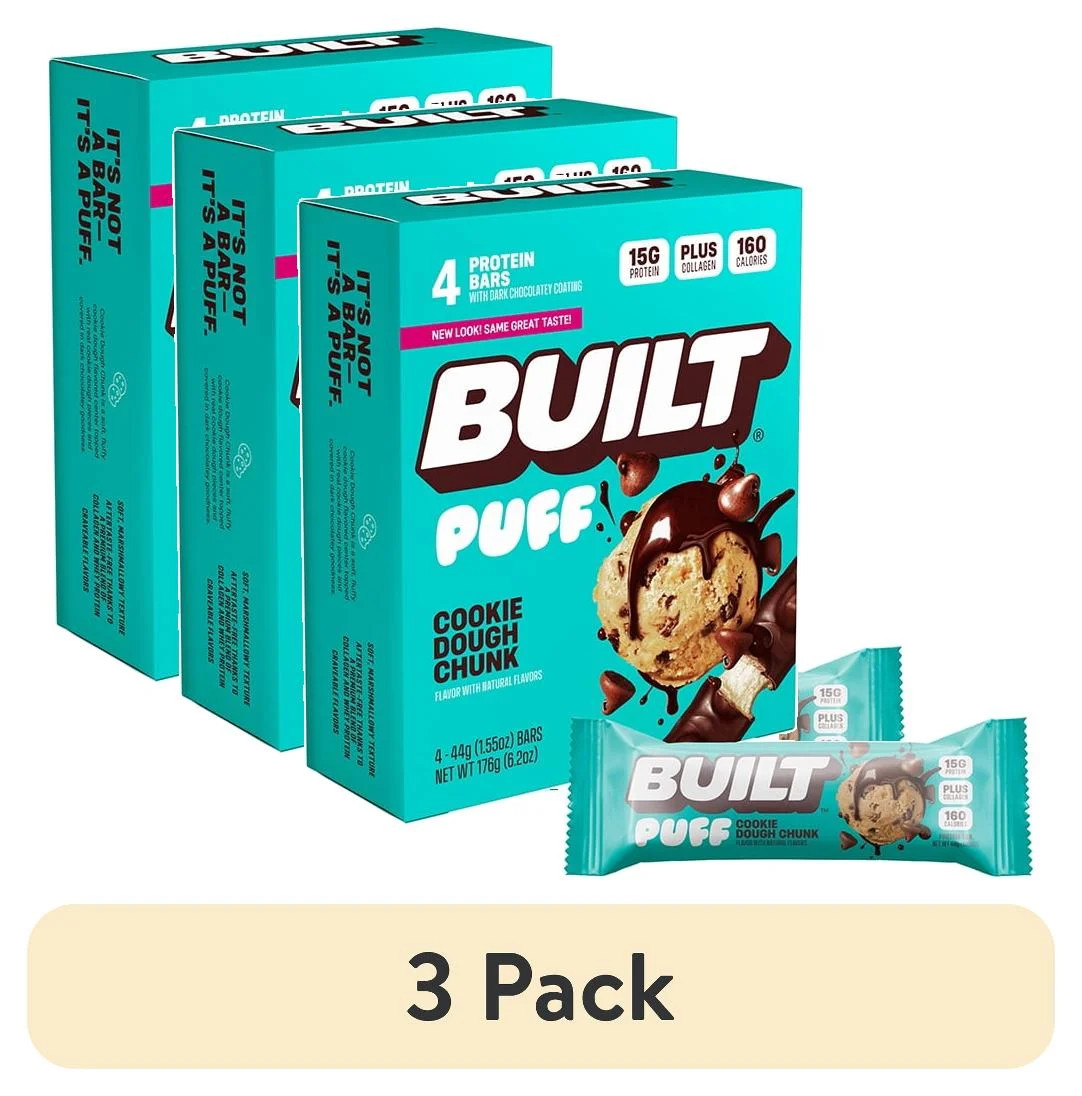 (3 pack) BUILT Bar Protein Bar, Cookie Dough Chunk Puff, 15g Protein, Collagen, 4 Count Box, 1.55... | Walmart (US)