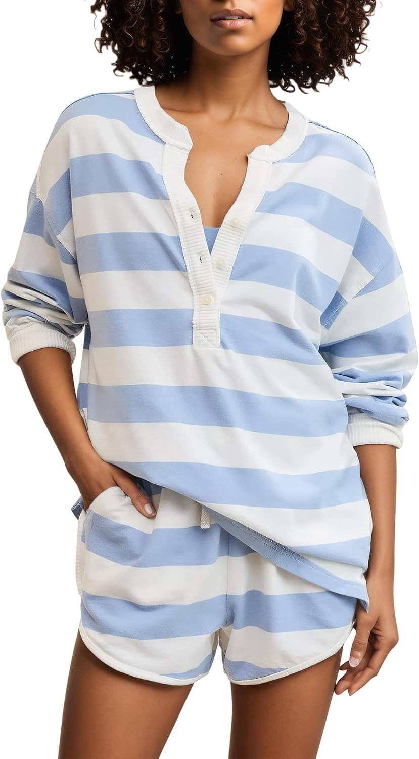 Livtany Women's Striped Matching Workout Set Oversized Henley Shirts and Drawstring Shorts with Pockets Tracksuit Set | Amazon (US)