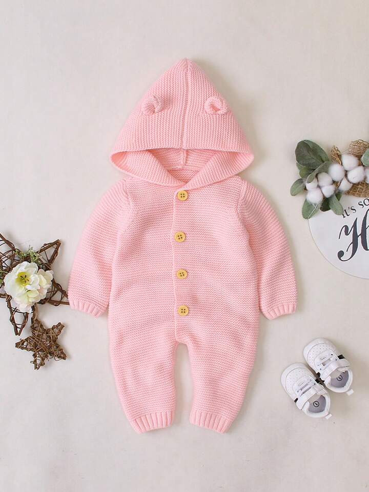 SHEIN Baby Girls' Button-up Hooded Sweater Jumpsuit | SHEIN