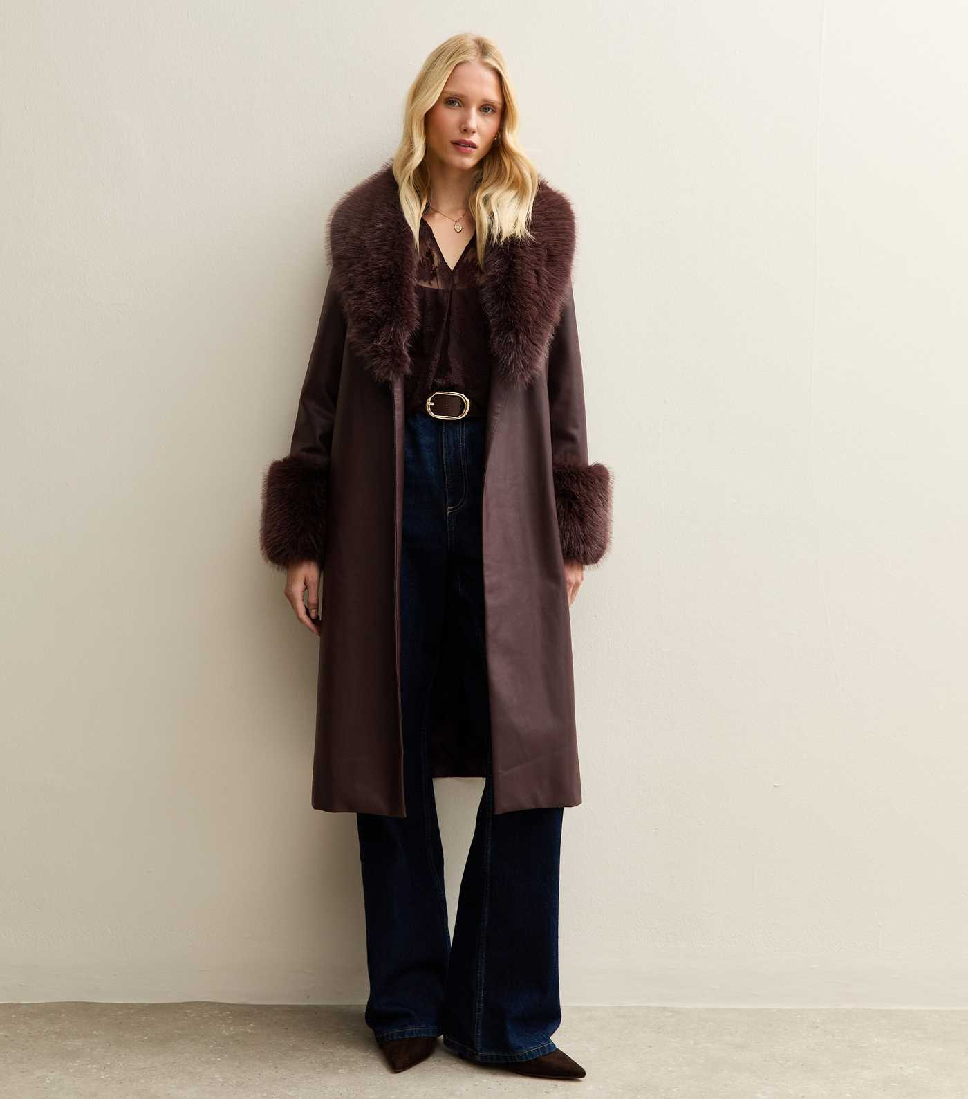 Dark Burgundy Faux Leather Faux Fur Trim Longline Jacket | New Look | New Look (UK)