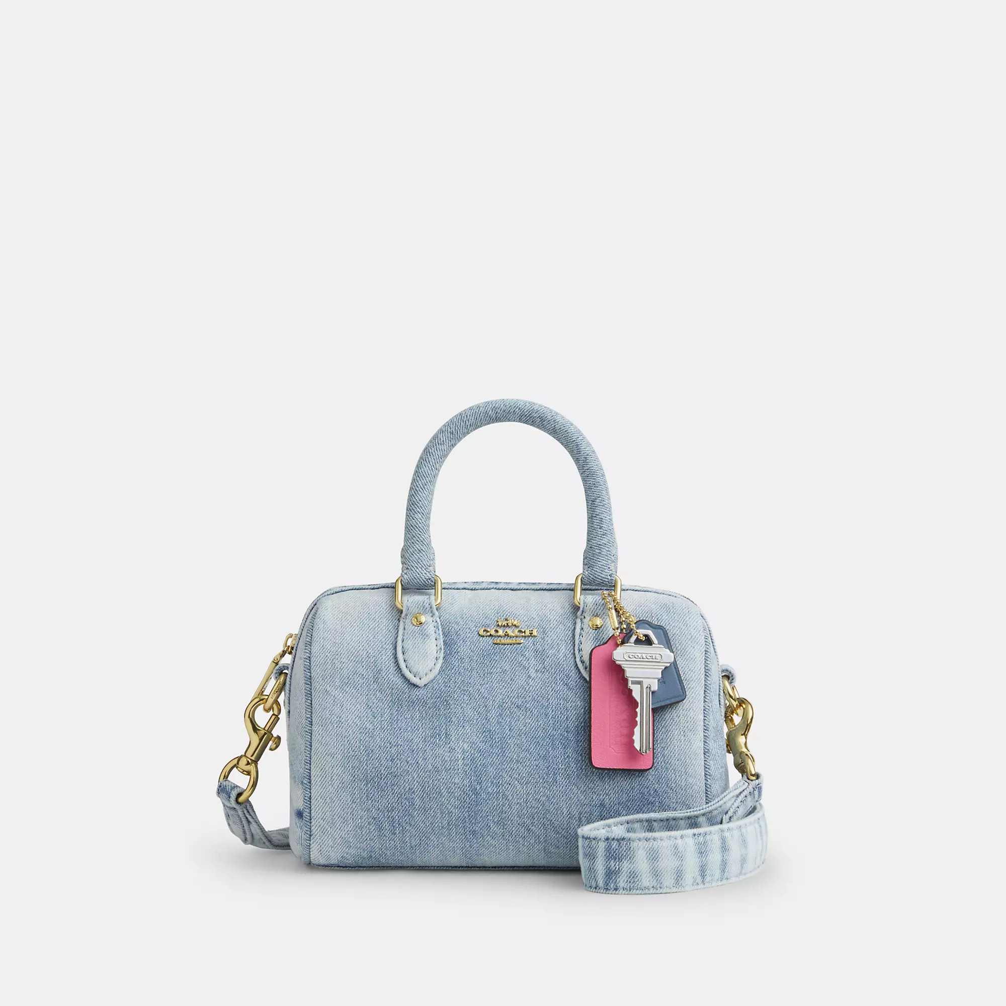 Coach Outlet Mini Rowan Crossbody Bag In Loved Denim With Charms | Shop Simon