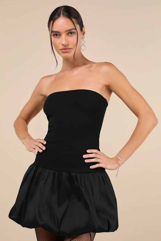 Defined Chicness Black Strapless Bubble-Hem Mini Dress | Lulus