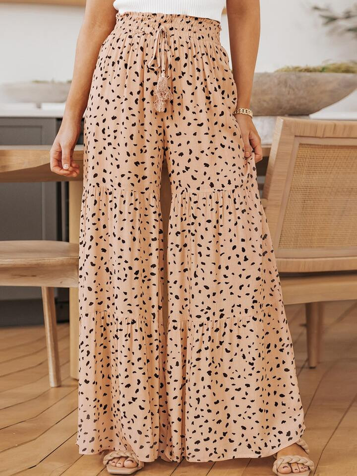 Dalmatian Print Tassel Tie Waist Ruffle Hem Wide Leg Pants | SHEIN