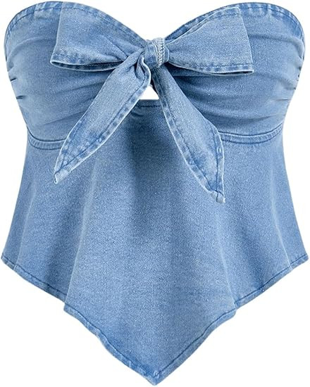 Milumia Women's Bow Knot Denim Bandeau Top Sweetheart Neck Hanky Hem Jean Tube Tops | Amazon (US)