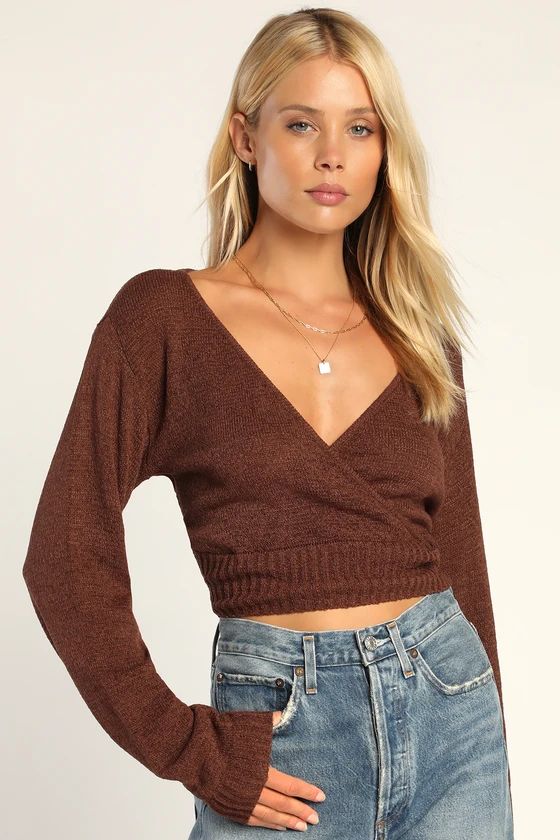 Perfectly Promising Chocolate Brown Long Sleeve Surplice Sweater | Lulus (US)