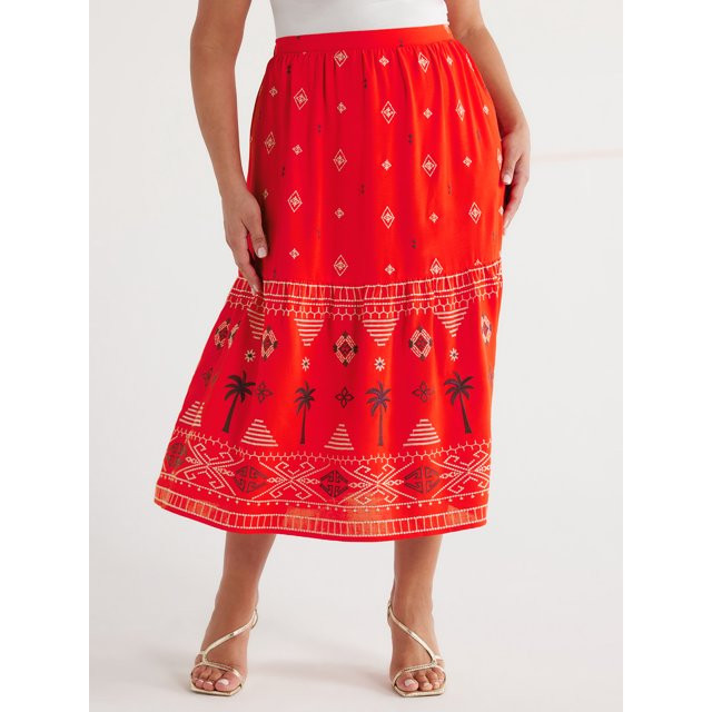 Sofia Jeans Women's and Women's Plus Border Embroidery Skirt, Mid Calf Length, Sizes XS-5X | Walmart (US)