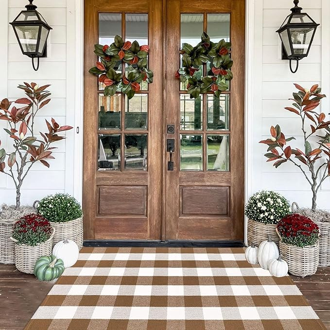 CAINANEL Fall Ourdoor Rug Front Porch Rug Farmhouse Brown and White Buffalo Check Rug Layered Wel... | Amazon (US)
