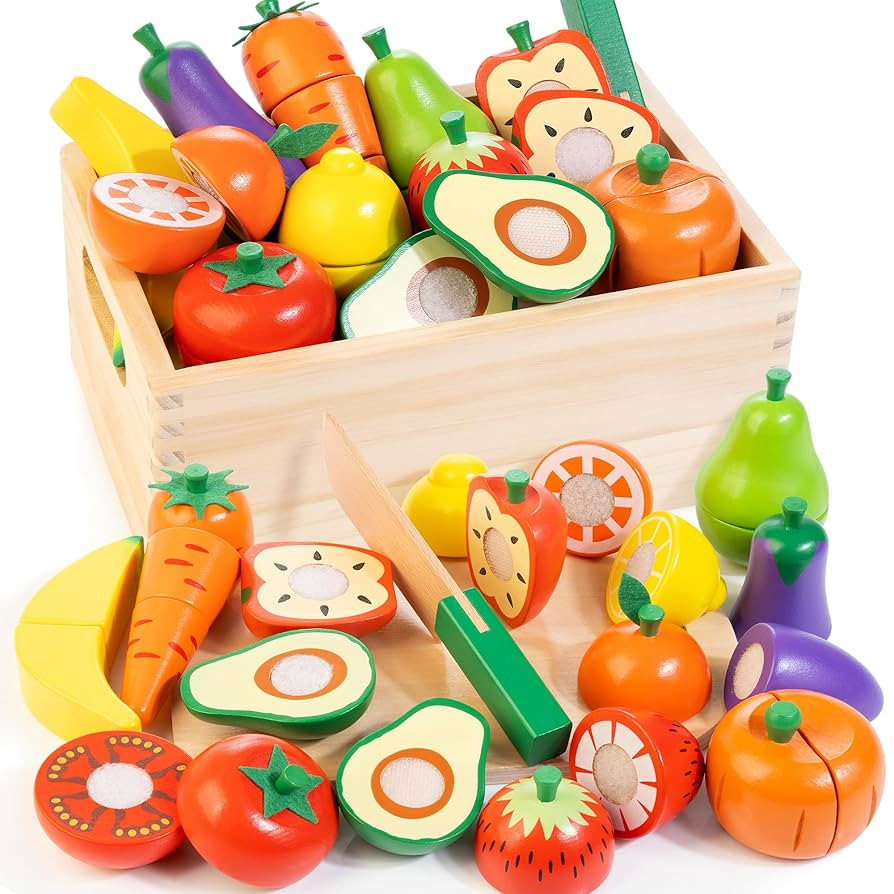 Wooden Play Food for Toddlers, Fruit and Veggies Cutting Set for Kids, Pretend Food Play Kitchen ... | Amazon (US)