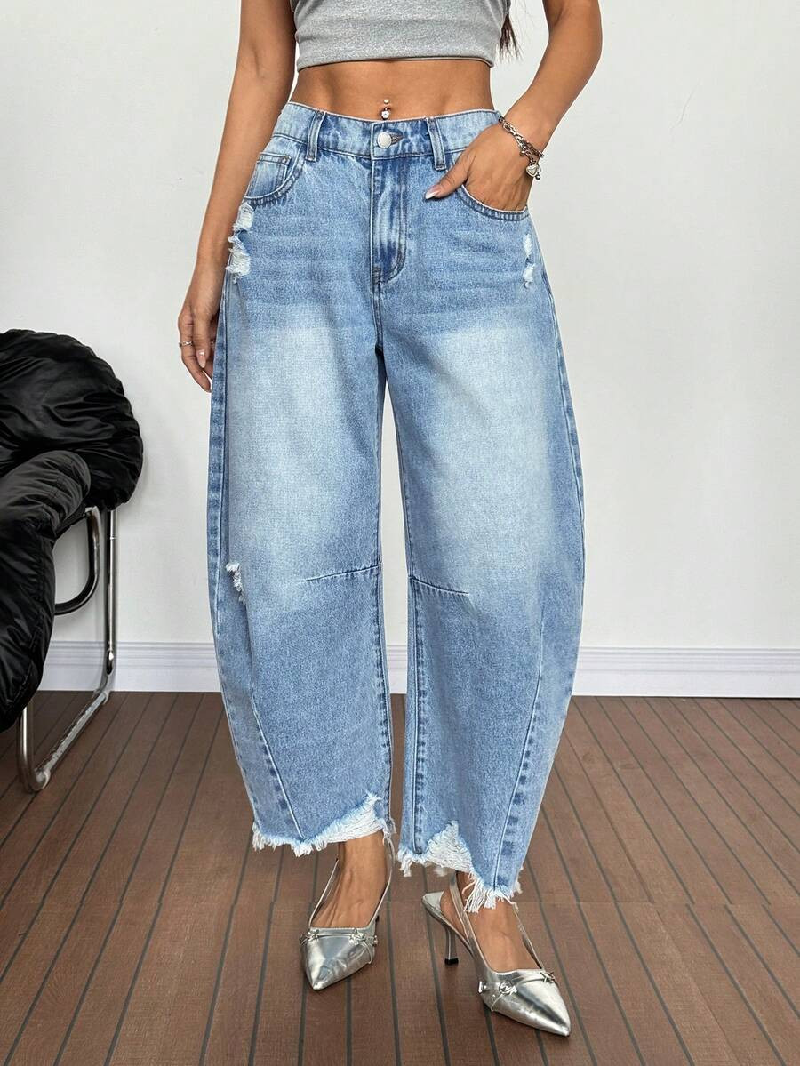 SHEIN PETITE Summer PETITE Women's Casual Y2K High Waist Distressed Barrel Jeans Women Frayed Hem Wide Leg Baggy Denim Pants Streetwear Pocket Flare Loose Fit Crop | SHEIN