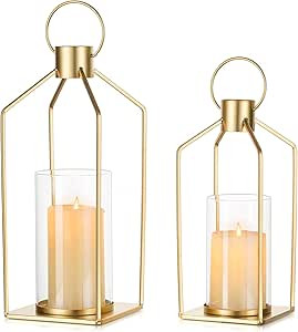 NUPTIO Gold Lanterns Decorative Indoor: Set of 2 Hanging Metal Pillar Candle Lantern with Bottoml... | Amazon (US)