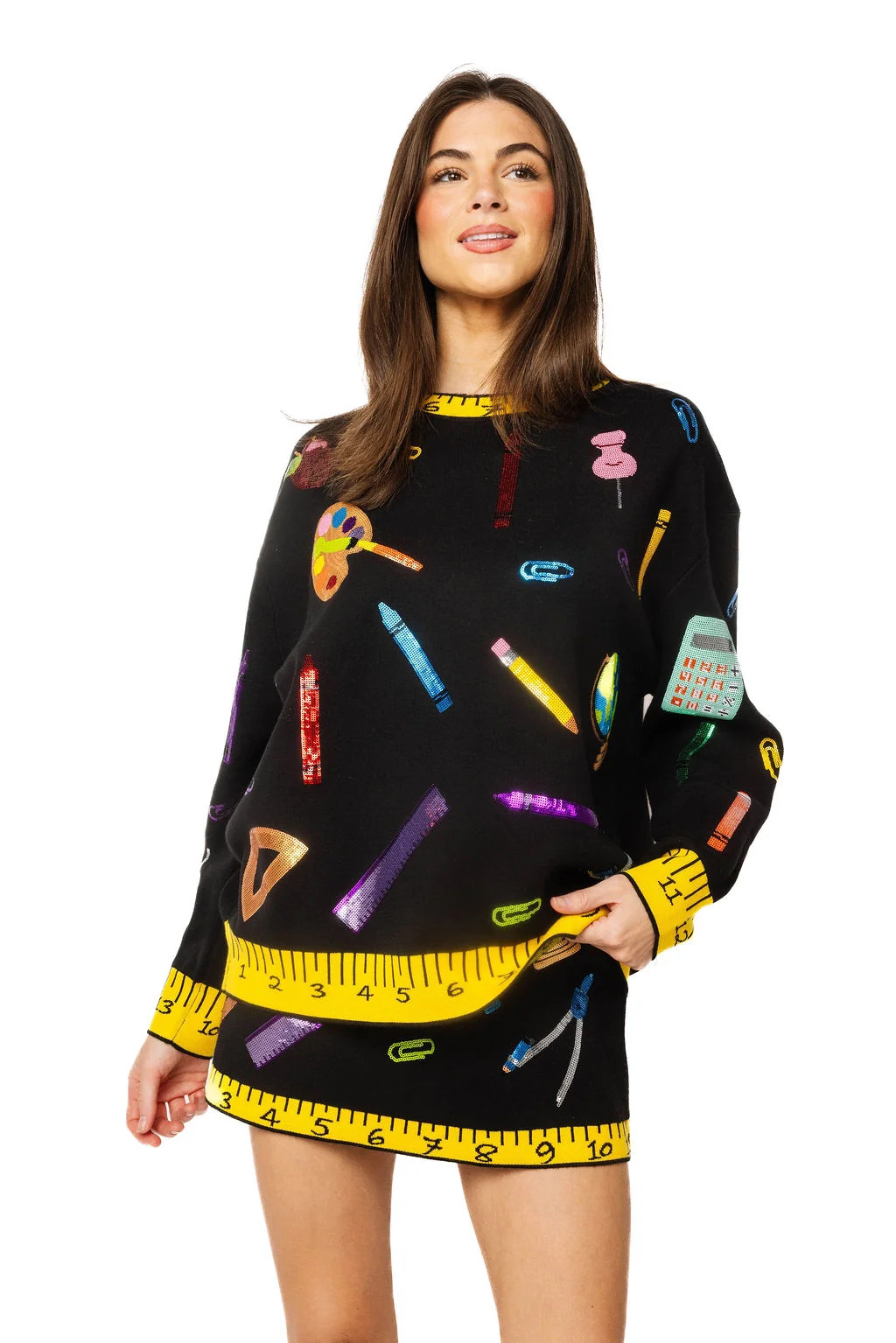 Sample Black Multi School Supplies Ruler Trim Sweater & Skirt Set | Queen of Sparkles