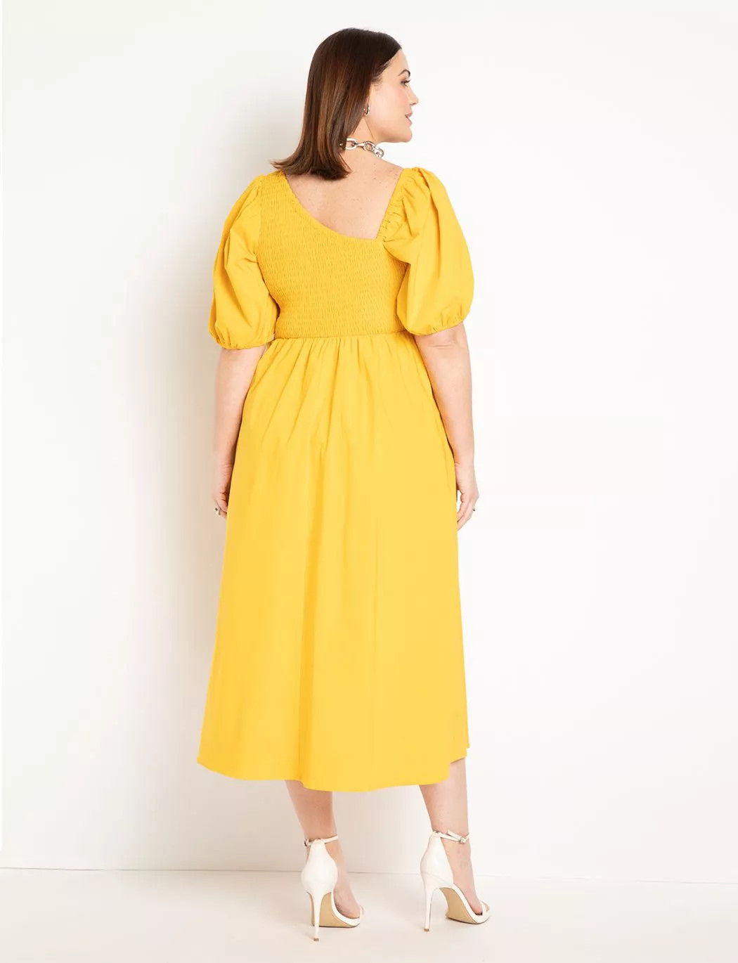 Smocked Bodice Asym Neck Dress | Eloquii
