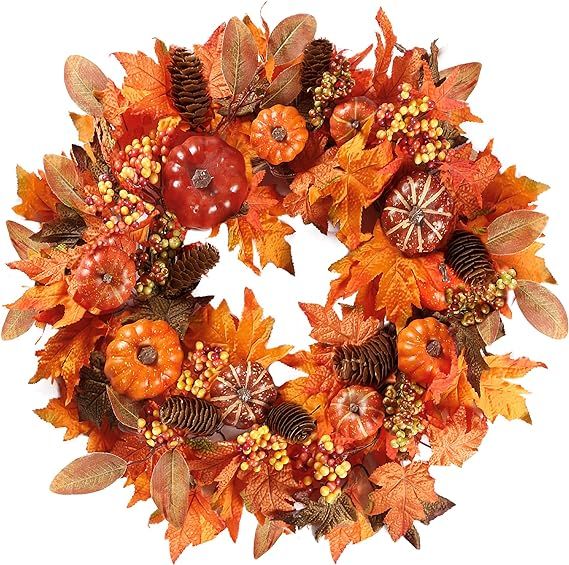 Sggvecsy Fall Wreath 20’’ Autumn Front Door Wreath Harvest Wreath with Various Pumpkin Cluste... | Amazon (US)
