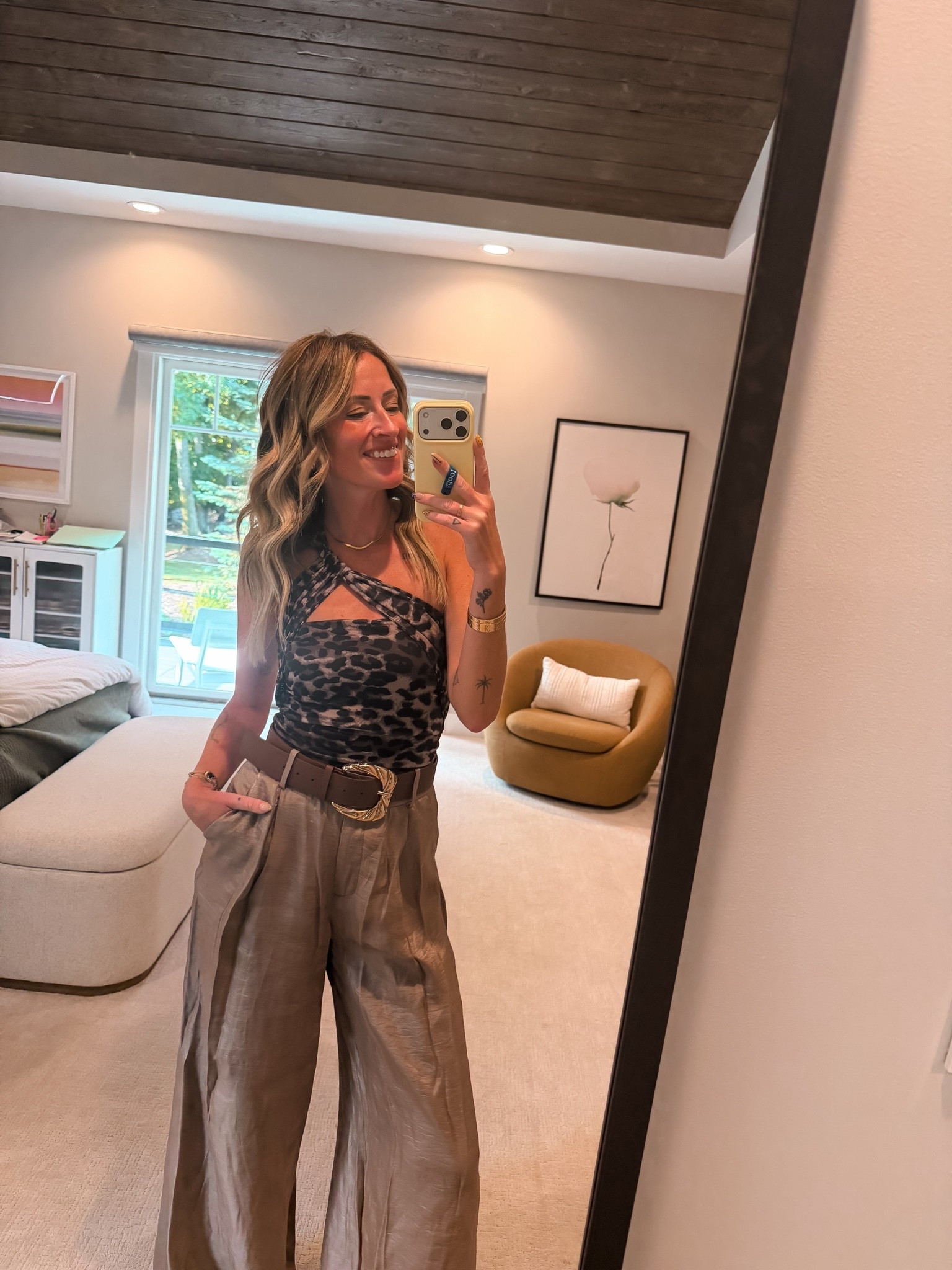 Amazon fashion
asymmetrical, leopard print backless going out bodysuit paired with wide leg satin pants for date night and watching a Broadway show, dinner outfit ideas