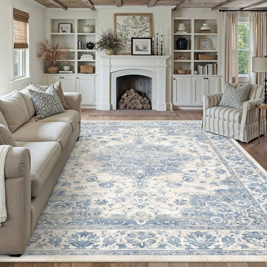 Washable 8x10 Area Rug for Living Room Blue Vintage Large Rug Non-Slip Soft Low Pile Carpet Flora... | Amazon (US)