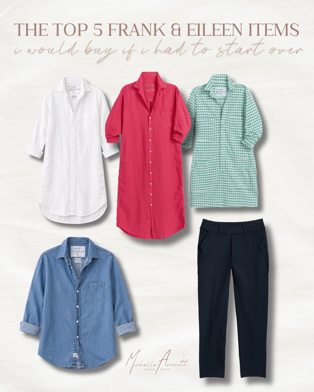 If I were building my Frank & Eileen collection from scratch, these are the five pieces I'd buy first!

Their shirt dresses are some of my most-worn staples. They’re especially great for petite frames, because they create an easy, flattering silhouette without any extra effort. A pair of classic navy pants is always worth having on hand for a polished look, and their denim button-down is one of those pieces that works year-round with just about everything. These are the styles I reach for again and again because they're versatile and make getting dressed feel simple!

Classic outfit, fashion over 40, petite style

#LTKOver40 #LTKPetite #LTKootd
