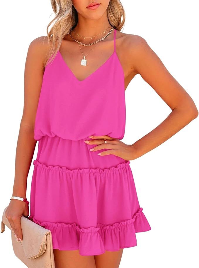 Newffr Womens V Neck Summer Dress Sleeveless Mini Dress Ruffle Dress Spaghetti Strap Racerback Su... | Amazon (US)