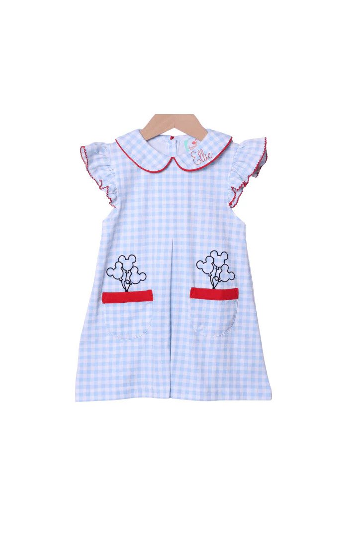 Embroidered Magical Balloon Blue Gingham Knit Dress | The Smocked Flamingo