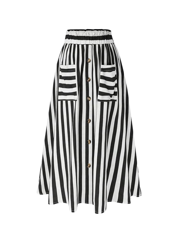 WDIRARA Women's Plus Size Striped High Waist Button Decor Flare A Line Maxi Skirt with Pockets | Amazon (US)