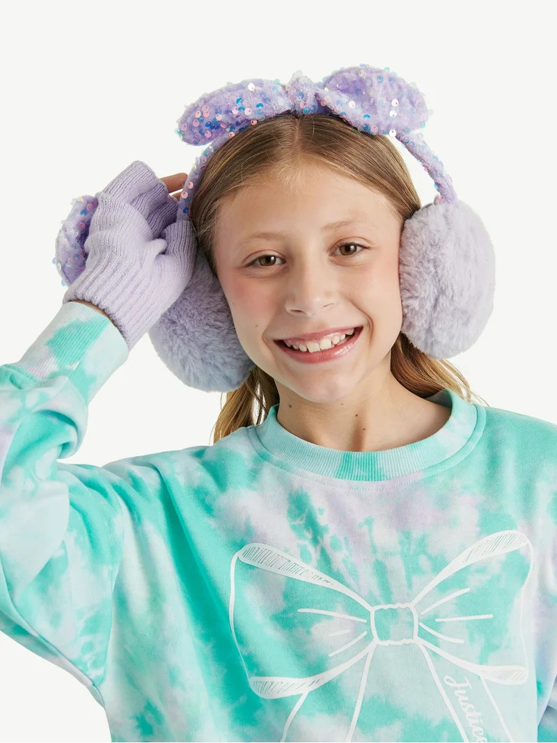 Justice Girls Velvet Sequin Bow Faux Fur Earmuff and Flip Top Glove Set, Light Purple | Walmart (US)