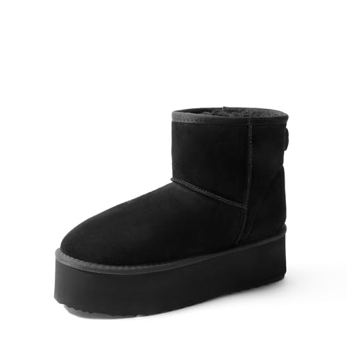 DREAM PAIRS Genuine Suede Classic Platform Boots for Women Water Resistant FuzzyClassic Ankle Winter Snow Low Boots with DIY Bows Faux Fur Lining Memory Foam Anti-Slip,Size 8.5,Black,SDSB2428W | Amazon (US)