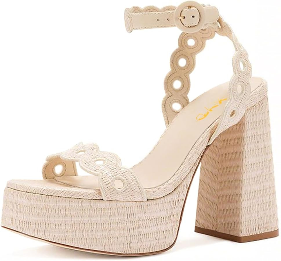 XYD Women Platform Eyelets Open Round Toe High Heel Block Sandals Ankle Strap Evening Party Pumps... | Amazon (US)
