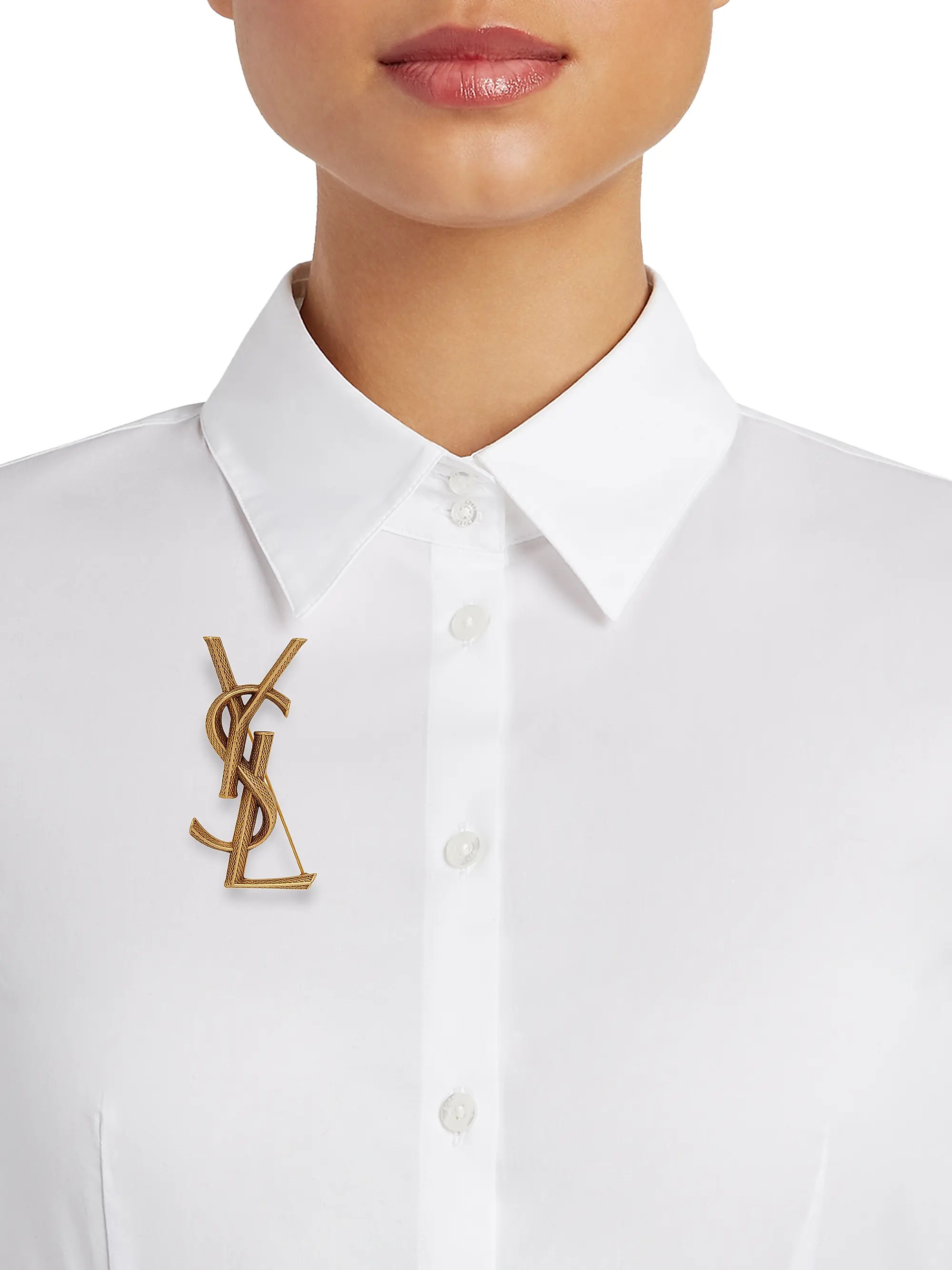 Saint Laurent Goldtone YSL Logo Brooch | Saks Fifth Avenue | Saks Fifth Avenue