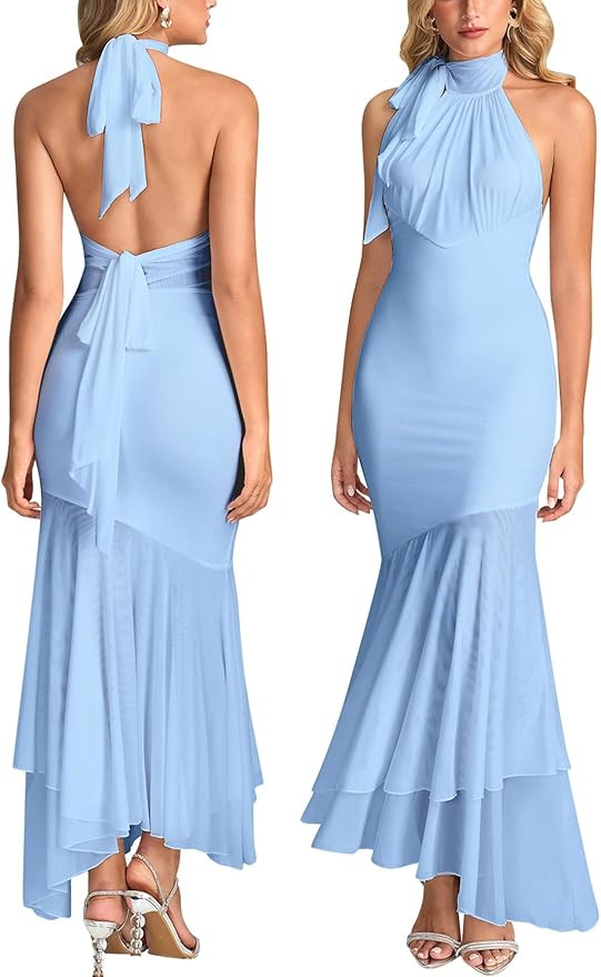 HTZMO Women Halter Tie Formal Wedding Guest Maxi Dress Sexy Backless Bow Bodycon Ruched Cocktail ... | Amazon (US)