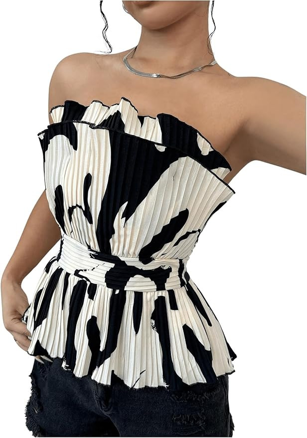 SweatyRocks Women's Ruffle Sleeveless Blouse Color Block Tube Tops Strapless Pleated Tops | Amazon (US)