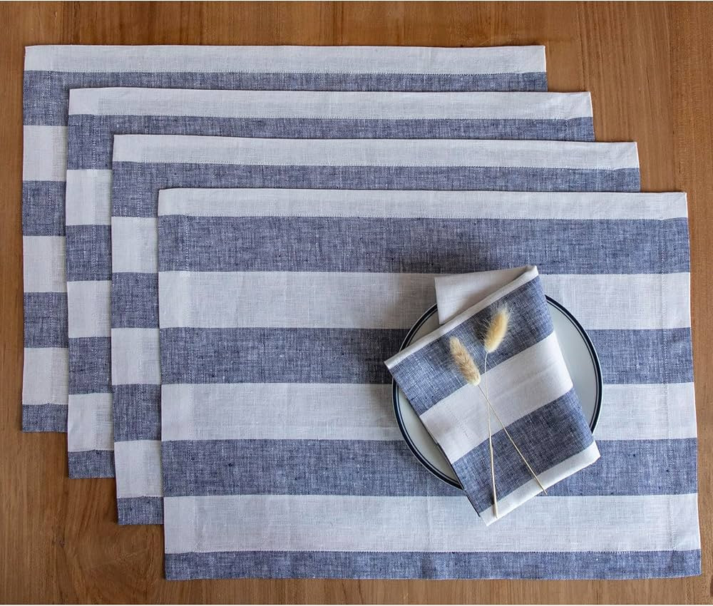 Solino Home Cabana Stripe Linen Placemats Set of 4 – 100% Pure Linen Summer Navy and White Plac... | Amazon (US)