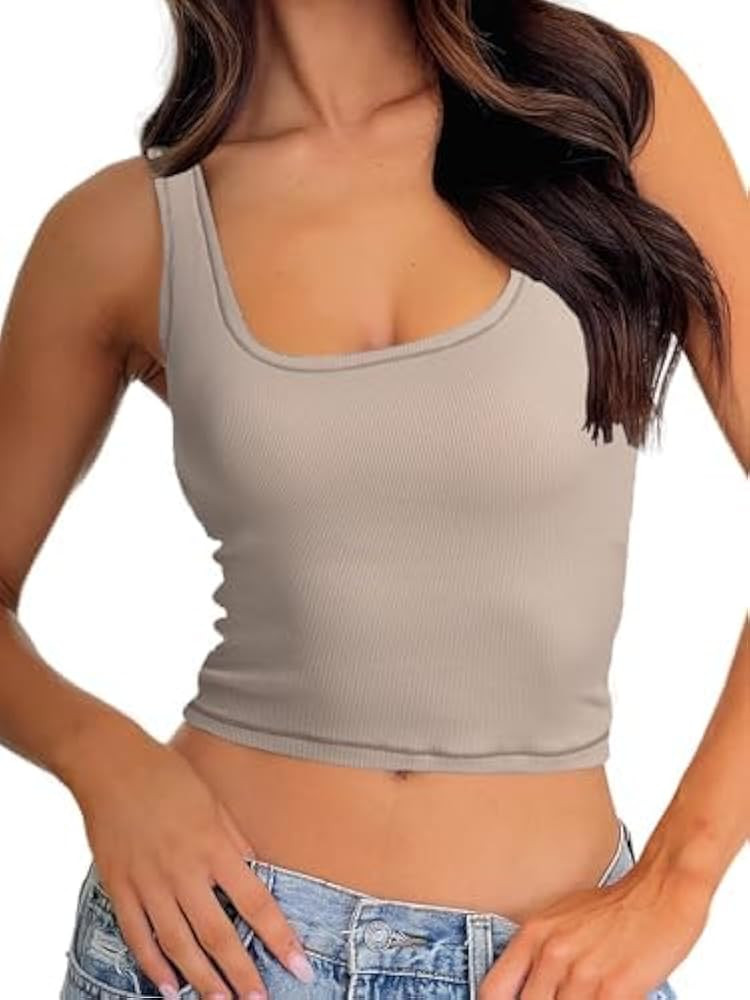 Danysu Women Rib Tank Top Padded Workout Top Square Neck Crop Tank Fitted Basic Cami Tops | Amazon (US)