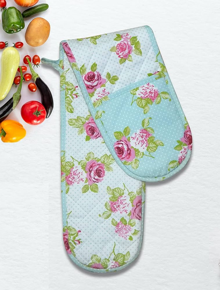 Tiny Break Double Oven Mitt, Floral Rose, Heat Resistant Oven Gloves - Blue - 7 x 32 Inch | Amazon (US)