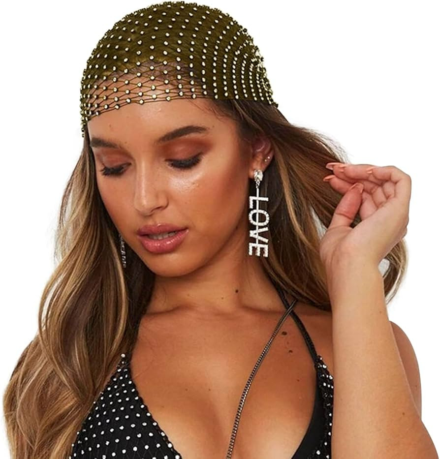 Shining Rhinestone Mesh Headband Crystal Fishnet Cap Sparkly Head Scarf Wrap Bandana Fashion Nigh... | Amazon (US)