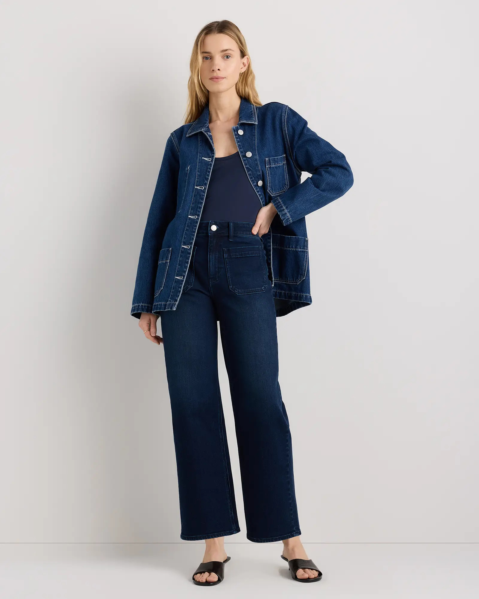 Bella Stretch Patch Pocket Wide Leg Jeans in Deep Sea Blue | Quince