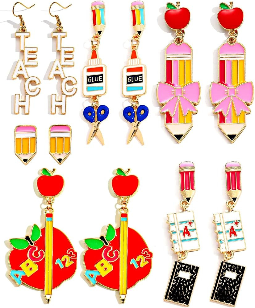 Colorful Teacher Earrings for Women Dangle Drop Pencil Apple Earrings Teacher Appreciation Earrings Back To School Christmas Gift Jewelry Set | Amazon (US)