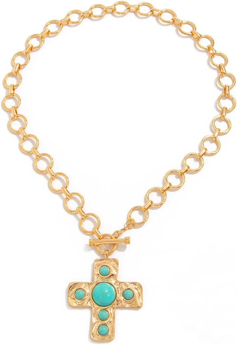 Boho Turquoise Cross Necklace for Women Vintage Cross Pendant Necklace Country Concert Accessories Hip Hop Costume Jewelry Gifts for Women | Amazon (US)