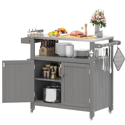 Sunnibety Weatherproof HIPS Outdoor Kitchen Island with Stainless Steel Top & Storage Cabinet, Movable Prep Table with Wheels for BBQ Food Prep, Outdoor Grill Cart for Parties, Grey | Amazon (US)
