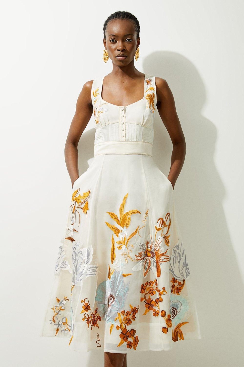 Botanical Embroidery Organdie Strappy Midi Dress | Karen Millen UK + IE + DE + NL