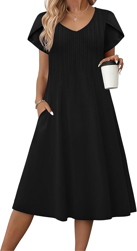 Zeagoo Women Midi Dresses for Summer 2026 Short Sleeve Casual Flowy Dress A Line Pleated V Neck B... | Amazon (US)