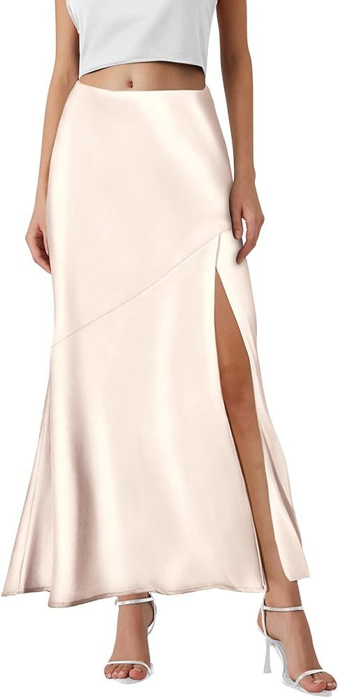 CFLONGE 2024 Women's Midi Satin Summer Skirt Elegant Spring High Waist Skirts for Women Cocktail ... | Amazon (US)