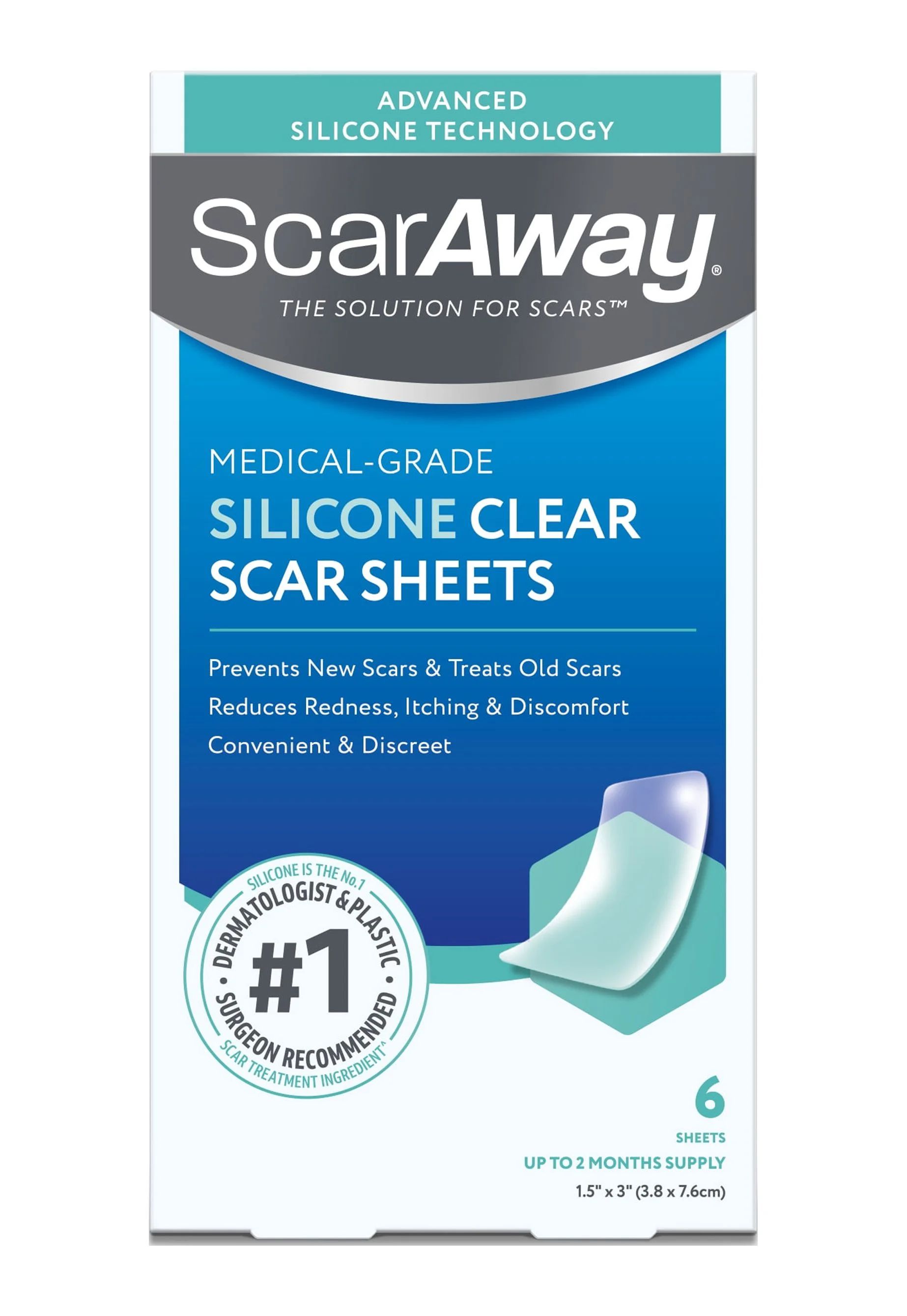 ScarAway Silicone Scar Sheets Shrink, Flatten and Fade Scars, Clear, 6 Sheets per Pack | Walmart (US)