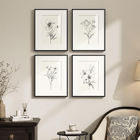 Framed Black and White Botanical Wall Art, Set of 4 Piece Vintage Minimalist Neutral Floral Print... | Amazon (US)