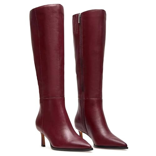 MICIFA Burgundy Kitten Heel Knee High Boots for Women Tall Leather Boots Stiletto Pointed Toe Gogo Tall Boots Cherry Wine Red Dress Boots | Amazon (US)