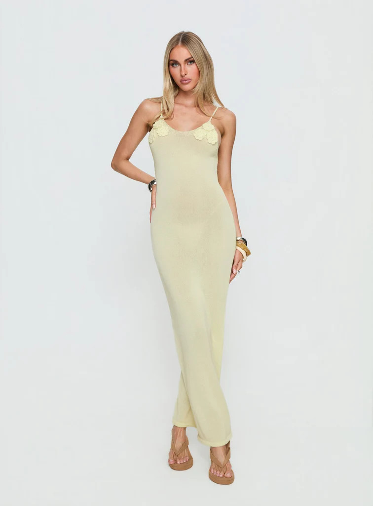 Cinderella Knit Floral Detail Maxi Dress Lemon Yellow | Princess Polly US
