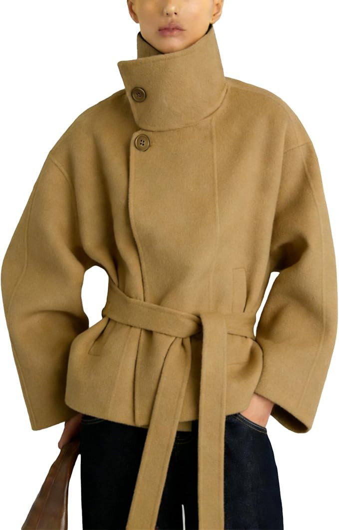 Women Cropped Pea Coat Wool Blend Stand Collar Fall Winter Warm Outfits Casual Elegant Belted Out... | Amazon (US)